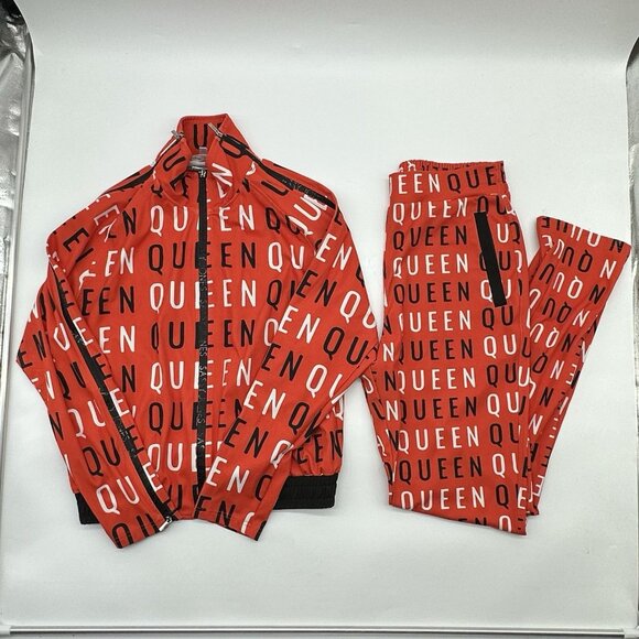 Sassy Jones Pants - Sassy Jones Size Medium Orange QUEEN Print Track Suit Set Zip-Up Jacket & Pants